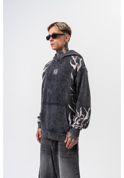 Respire Erkek War Baskılı Yıkamalı Kapüşonlu Oversize Hoodie Siyah