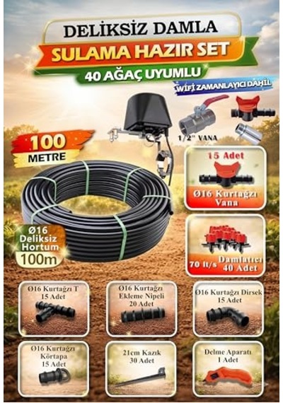 Akıllı Damla Sulama Seti 100m Wifi + Otomatik Zamanlayıcı Dahil 16mm Pe Hortum 40 Damlatıcı Hs0033