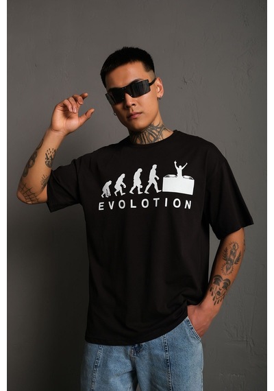 Technomonkey Siyah Oversize Evolution Baskılı Unisex Tişört