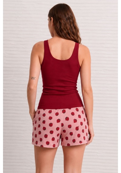 Nisanca Kadın Çilek Desenli Şortlu Pijama Takımı Bordo Basic Atletli Ev Giyim- Rahat Yazlık Takım