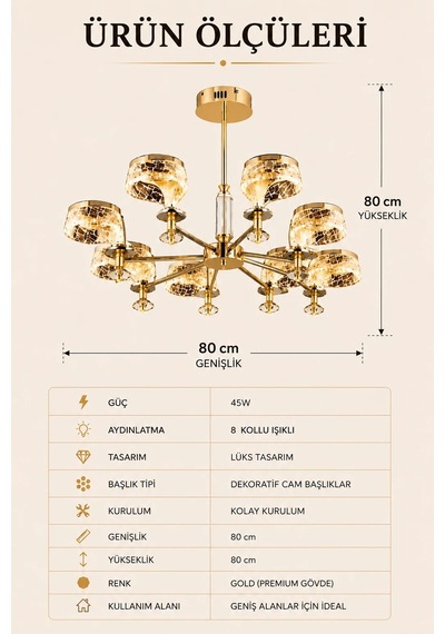 8'li Modern Premium Gold 3 Renkli Ledli Sarkıt Avizesi Salon Mutfak Oturma Odası Şık Modelleri 45w