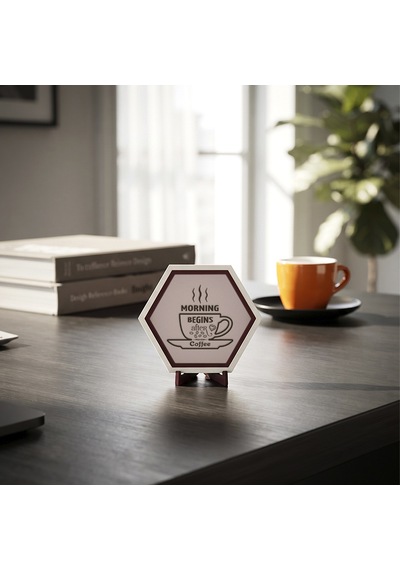 Şık Morning Begins After Coffee Temalı Masaüstü Süsü Ofis Ve Çalışma Masalarınız İçin İdeal Modern Bir Dekoratif Obje 10x10 Cm, Yavru Ağzı