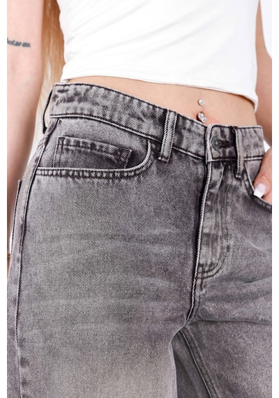 HLT Jeans Gri Kar Kadın Wide Leg Jean %100 Pamuklu Yüksek Bel Palazzo Kot Pantolon Angel-2050 Kar Yıkama