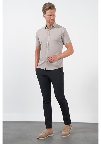 İmza Bej İtalyan Yaka Kısa Kol Cepsiz Slim Fit Esnek Gömlek 1004260159 Koyu Bej