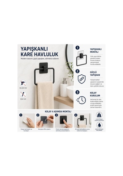 Lexroo Yapışkanlı Metal Havluluk, Havlu Tutucu Askı, Paslanmaz Kare Çok Renkli