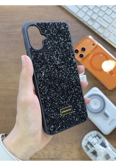 Samsung A07 Uyumlu Kadife İç Yüzey Tasarımlı Taşlı Işıltılı Parlak Pırlanta Kılıf Dia Plus Siyah