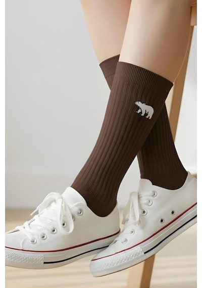 Sevimli Hayvan Nakışlı Renkli Unisex Yazlık Kışlık Soket Casual Pamuklu Çorap Kahverengi