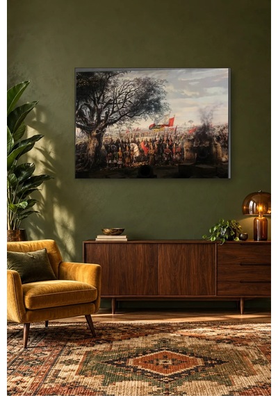 Fida Ulu Ağaç Altında Bayraklı Osmanlı Ordusu Canvas Tablo Çok Renkli