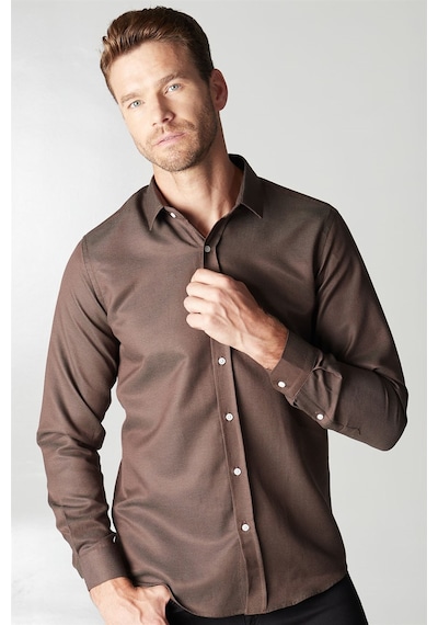 Tudors Modern Slim Fit Dar Kesim Armürlü Erkek Gömlek-25752 Kahverengi