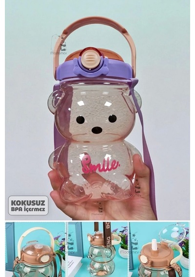 Şeffaf Smile Ayıcık Su Matara Purple 1000ml Askılı Çocuk Su Şişesi Pipetli Sızdırmaz Kokusuz Suluk Ç Diğer