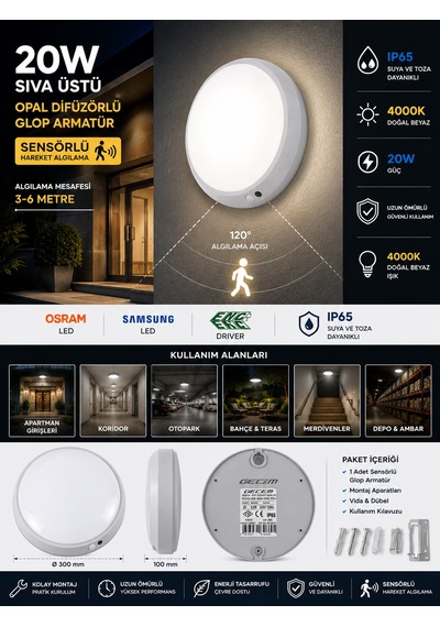 Gecem 20w 4000k Ip65 Sensörlü Sıva Üstü Opal Difüzörlü Led Glop Armatür Ilık Beyaz