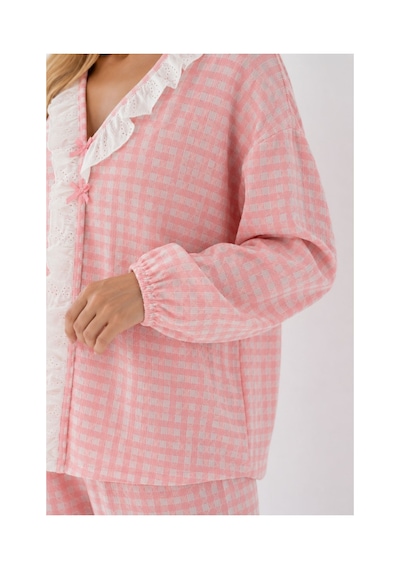 Bella Notte Pembe Beyaz Pötikare Fisto Fırfır Detaylı Uzun Kollu Pijama Takımı Pembe