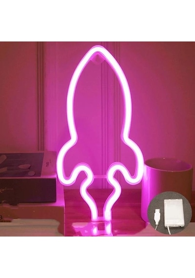 Neon Renkli Pembe Roket Pilli ve Usbli Çocuk Odası Duvar Gece Lambası Çok Renkli