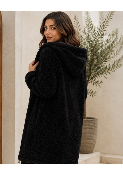 Unika Boutique Kadın Welsoft Fermuarlı Kapüşonlu Uzun Polar Hırka Siyah