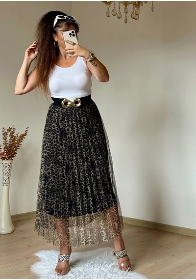 Azra Butik Açık Leopar Tül Etek Siyah