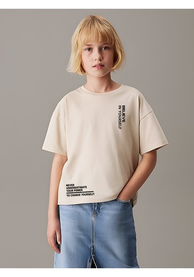 Uyguntarz Çocuk Believe Baskılı Pamuklu Tshirt Bej
