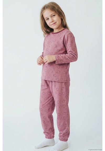 Breeze Kız Çocuk Pijama Takımı Elma Desenli Beli Paçası Lastikli 4-8 Yaş, Gülkurusu