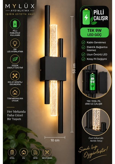 Mylüx Kabarcıklı Kirpi Aplik Siyah Pilli Kablosuz 9w Led 50 Cm Modern Duvar Apliği Siyah Siyah