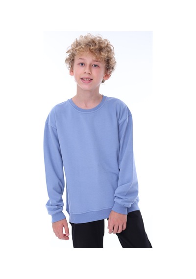 Zuzunga Oversize Unisex Basic Düz Mavi Renk %100 Pamuk Sweatshirt 2-11 Yaş Mavi