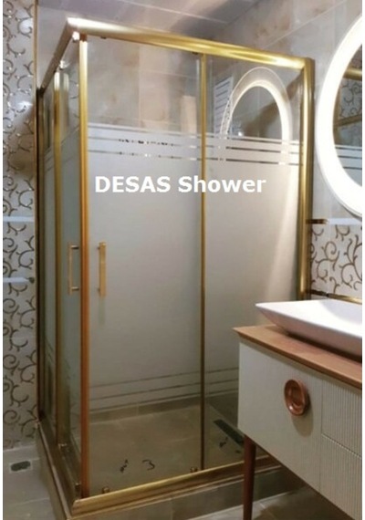 Desaş Shower Gold Profil Teknesiz Kare Çizgili Desenli Cam Duşakabin 90 x 90 6 MM Altın
