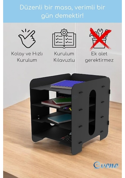 Evene Dosya Düzenleyici Masa Üstü Organizer Ahşap Evrak Raflı Model 1 Siyah, Eorganizer1