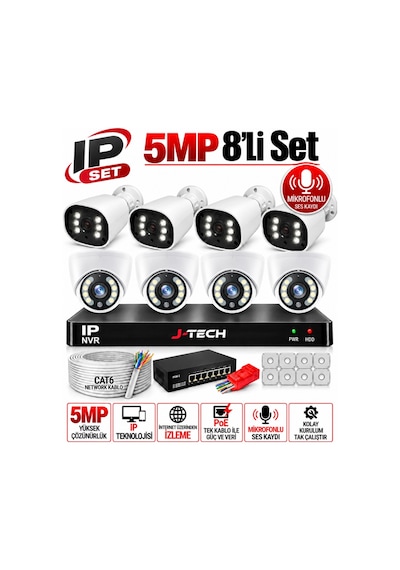J-tech K1027 5mp Ip Sesli Renkli Gece Görüşlü 8 Li Akıllı Güvenlik Kamera Seti Yüz Ve Araç Tanıma