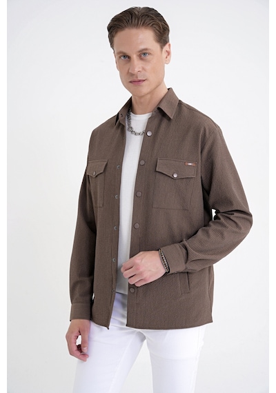 Comfort Fit Yan Cepli Esnek İnce Çizgili Camel Gömlek Ceket G 1608