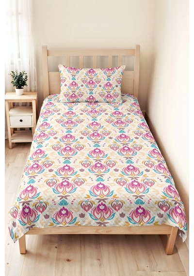 Pembe Çiçekli Bohem Genç Odası Tek Kişilik Pike Takımı-turkuaz Bej 160x220 Cm Kapitone Yatak Örtüsü Bulanık Göl Ufku