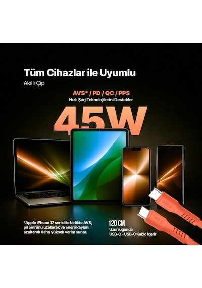 Ttec Smartcharger Gan 45W Avs PD Seyahat Hızlı Şarj Aleti + USB-C - USB-C 3A 120 CM Kablo Neon Turuncu