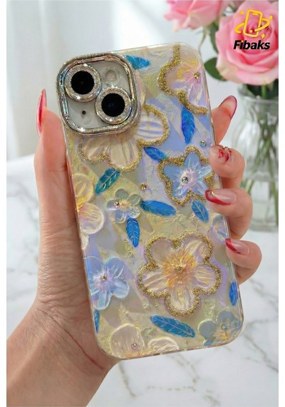 Fibaks iPhone 15 Uyumlu Kılıf Renk Geçişli Taşlı Kamera Lens Korumalı Simli Yeşil Çiçek Desenli Darbe Emici Kapak