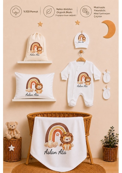 Pia Baby Erkek Bebek Yeni Doğan Hastane Çıkışı %100 Pamuk İsme Özel Tulum Seti Battaniye Yastık Kılıfı Kese 2014tybkyx Krem