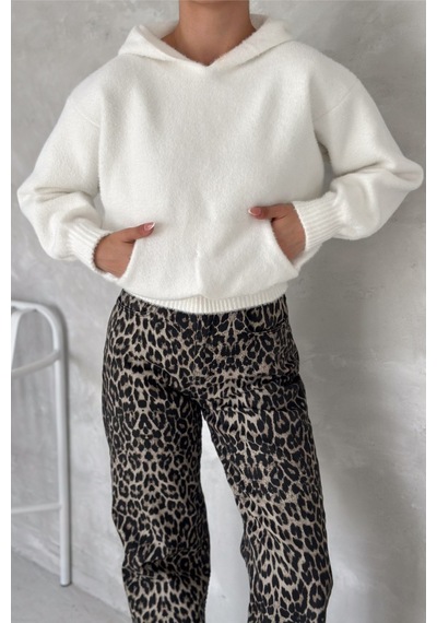 Femelle Kadın Beyaz Standart Beden Kapüşonlu Peluş Triko Sweatshirt