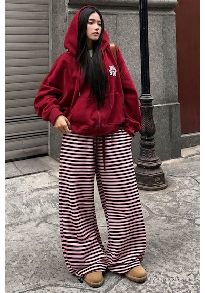 Madmext Bordo Çizgili Bol Paça Kadın Triko Pantolon Mg2916