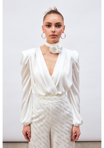 Sateen Kruvaze Saten Bodysuit Bluz - Ekru