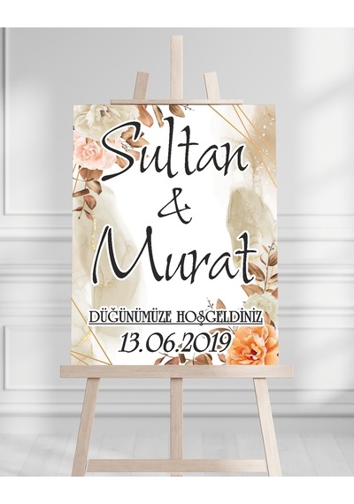 Söz Nişan Düğün İçin 50x70 Karşılama Panosu - Şeftali Çiçek Desenli Beyaz