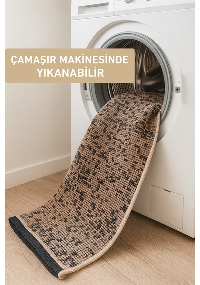 Badelya Home Bej Şönil Makinada Yıkanabilir Kaymaz Taban Saçaklı Pamuklu Halı Kilim Oturma Odası Salon