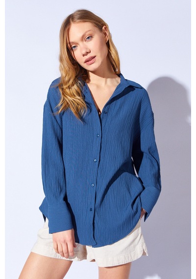 Manche Gofre Oversize Rahat Kesim Kadın Gömlek İndigo Mks161103-01