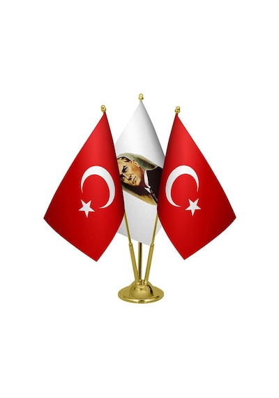 Masa Üstü Atatürk Bayrağı Türk Bayrağı Üçlü Pirinç Direk Masa Bay