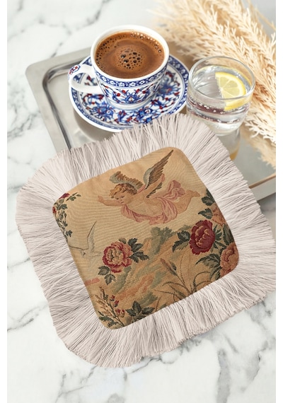 Vintage Melek Desenli Saçaklı Sunum Peçetesi - Klasik Nostaljik Şampanya Bej Bardak Altlığı Mendil Çok Renkli