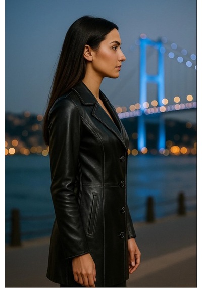 Hmo Store Siyah Beyaz Dikişli Klasik Özel Tasarım Premium Hakiki Deri Ceket Siyah