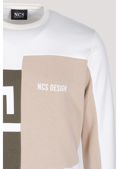 Erkek Sweatshirt Beyaz Monogram Desenli Logo Detaylı Relaxed Fit Crewneck Ncs Jeans 1625 Beyaz