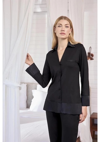Ang Butik Kadın Uzun Kollu Önü Düğmeli Gömlek Yaka Pijama Takımı Siyah