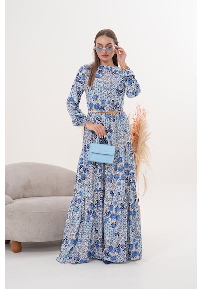 Polologin Butik Çiçekli Viskon Elbise Mavi