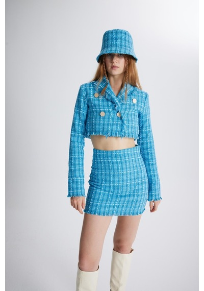 Holly Lolly Tüvit Kumaş Crop Tweed Ceket Mavi
