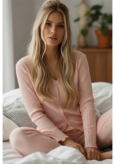 Siyah İnci Fitilli Kaşkorse Uzun Kollu Pijama Takım 7937 Somon