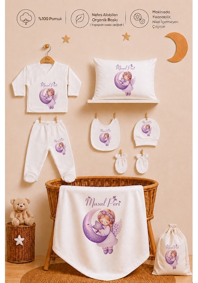 Pia Baby Kız Bebek Hastane Çıkışı Hediye Seti 8 Parça Zıbın Set %100 Pamuk Battaniye Yastık Ve Kese 1082zybk3x Krem