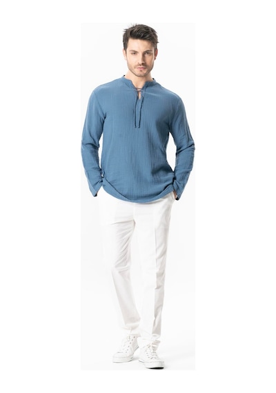 Uzun Kol Doruk V Yaka Bağcıklı Müslin Erkek Yazlık Tshirt İndigo İndg Indigo