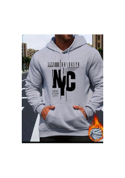 Medinenur Nyc Baskılı Kapüşonlu Cepli Sweatshirt Gri