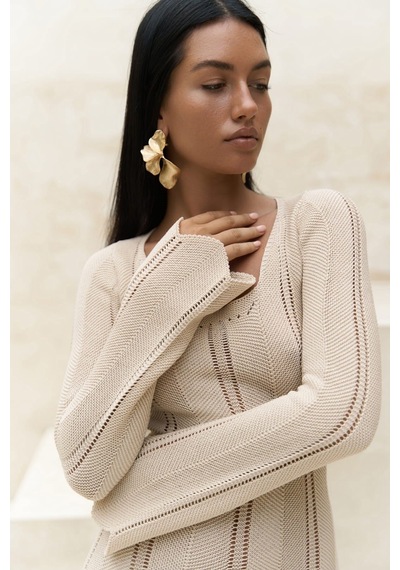 Mai Collection Mai Studios Co. Paulina Dantel Örgülü Bej Triko Elbise Bej
