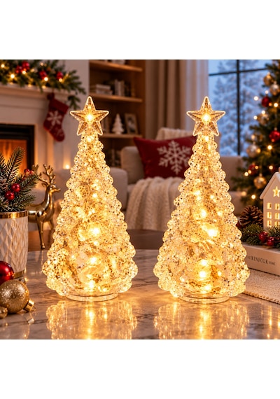 2 Adet Kristal Amber Işıklı Mini Yılbaşı Çam Ağacı Kristal Tepe Yıldızlı Noel Ağacı Yılbaşı Ağacı 10 CM